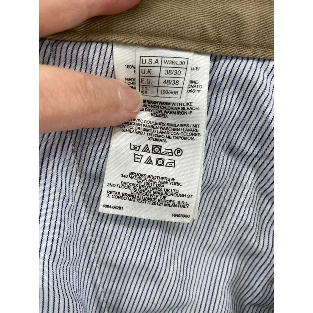 Brooks Brothers 346 Pants Mens 38x30 Khaki‎ Chino  Cotton Flat Front Classic Fit